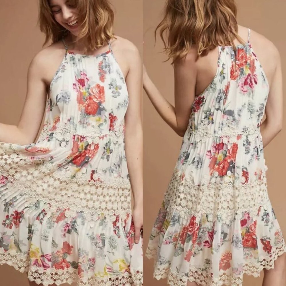 Anthropologie Ranna Gill Kalila Floral Crochet Trim Swing Dress Size Large